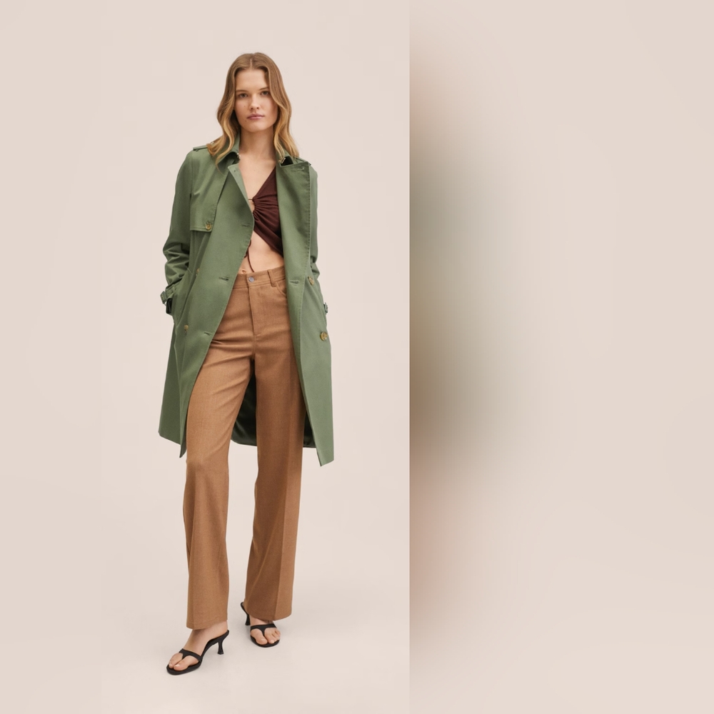 Mango MNG Green Cotton Trench Coat – Classic & Lightweight, Size M